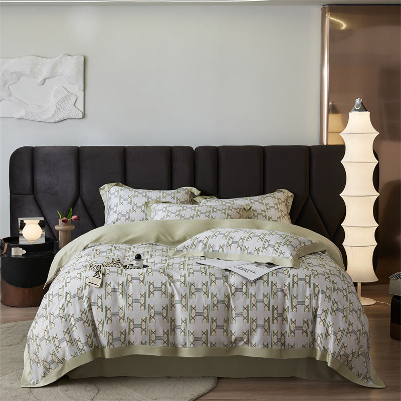 KTX-805651 Tencel Four-Piece Bedding Set with Plant and Flower Pattern for 1.5m to 2.0m Beds