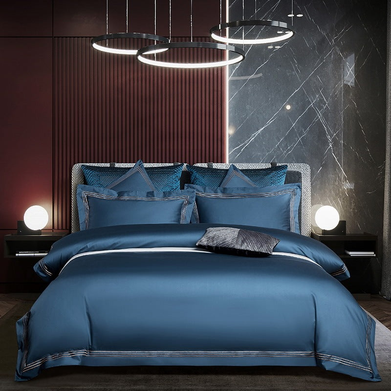 KTX-808787 Four-Piece Long-Staple Cotton Bedding Set in Plain Jacquard with Lace Detailing