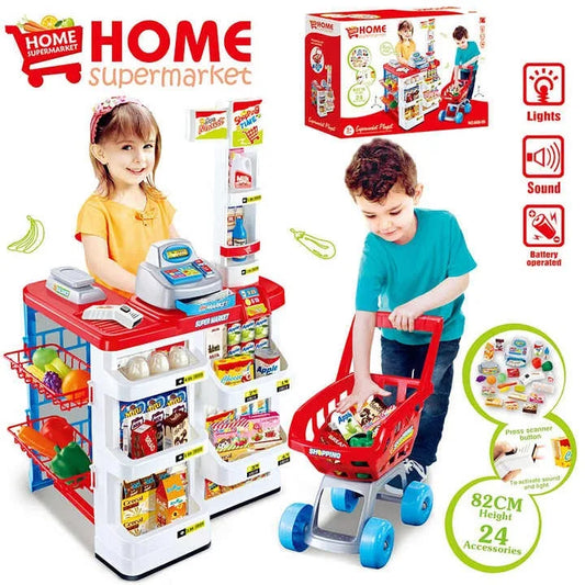 KTX-813075 Supermarket Cash Register Toy Set with Shopping Cart - 24 Pieces Role Play Kitchen Toys for Kids