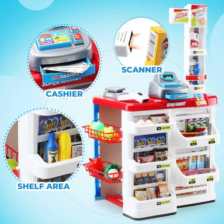 KTX-813075 Supermarket Cash Register Toy Set with Shopping Cart - 24 Pieces Role Play Kitchen Toys for Kids