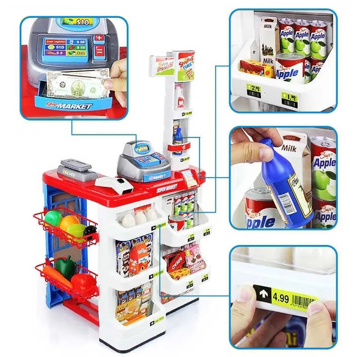 KTX-813075 Supermarket Cash Register Toy Set with Shopping Cart - 24 Pieces Role Play Kitchen Toys for Kids