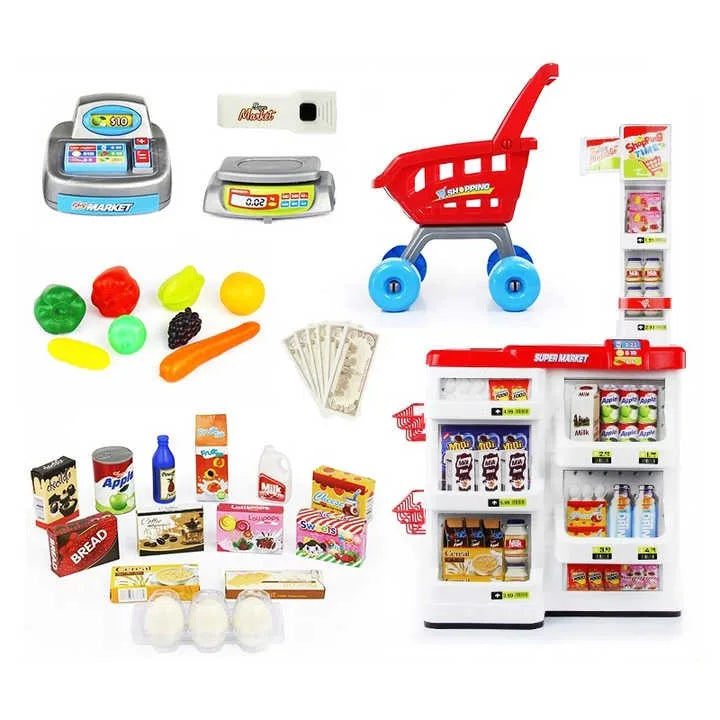 KTX-813075 Supermarket Cash Register Toy Set with Shopping Cart - 24 Pieces Role Play Kitchen Toys for Kids