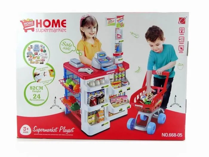 KTX-813075 Supermarket Cash Register Toy Set with Shopping Cart - 24 Pieces Role Play Kitchen Toys for Kids