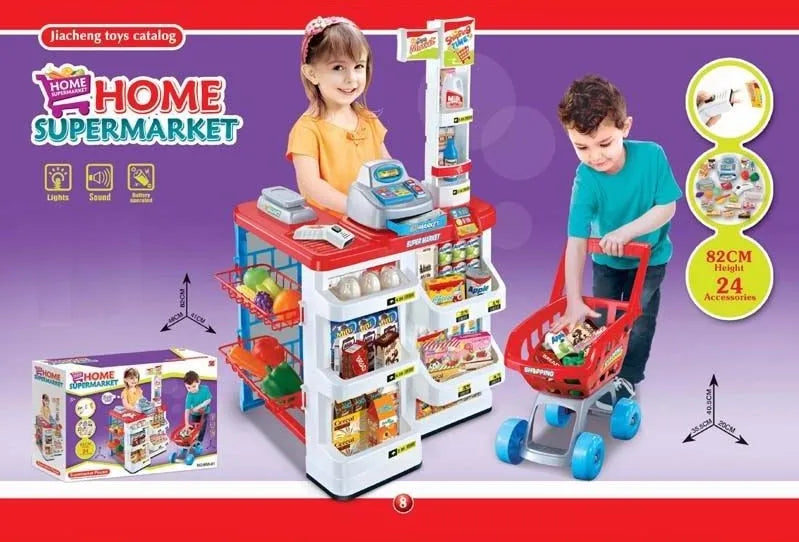 KTX-813075 Supermarket Cash Register Toy Set with Shopping Cart - 24 Pieces Role Play Kitchen Toys for Kids