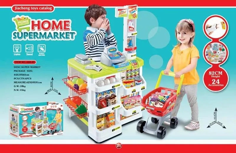 KTX-813075 Supermarket Cash Register Toy Set with Shopping Cart - 24 Pieces Role Play Kitchen Toys for Kids