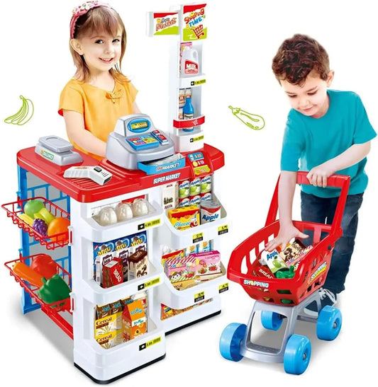 KTX-813075 Supermarket Cash Register Toy Set with Shopping Cart - 24 Pieces Role Play Kitchen Toys for Kids