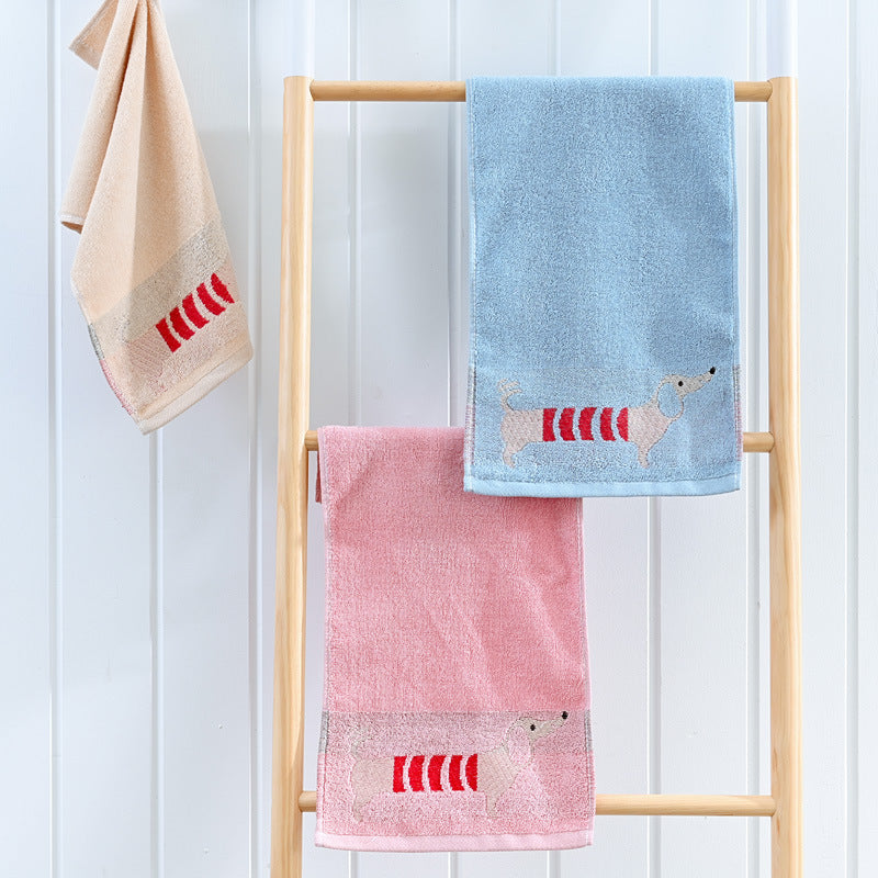 KTX-813971 Soft Absorbent Baby Face Towel - Pure Cotton Dachshund Design in Blue, Pink, and Khaki