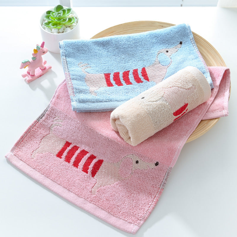 KTX-813971 Soft Absorbent Baby Face Towel - Pure Cotton Dachshund Design in Blue, Pink, and Khaki