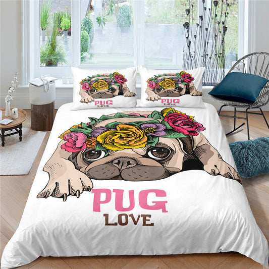 KTX-814355 3D Pug Digital Printed Bedding Set - Modern Cartoon Design, Polyester Fiber, 3-Piece Collection