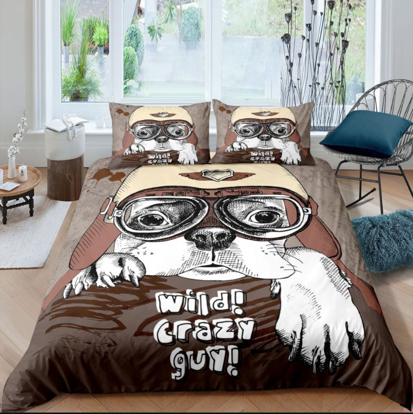 KTX-814355 3D Pug Digital Printed Bedding Set - Modern Cartoon Design, Polyester Fiber, 3-Piece Collection
