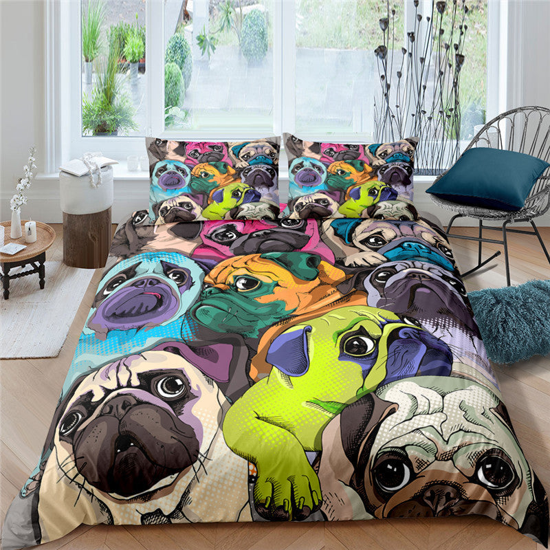KTX-814355 3D Pug Digital Printed Bedding Set - Modern Cartoon Design, Polyester Fiber, 3-Piece Collection