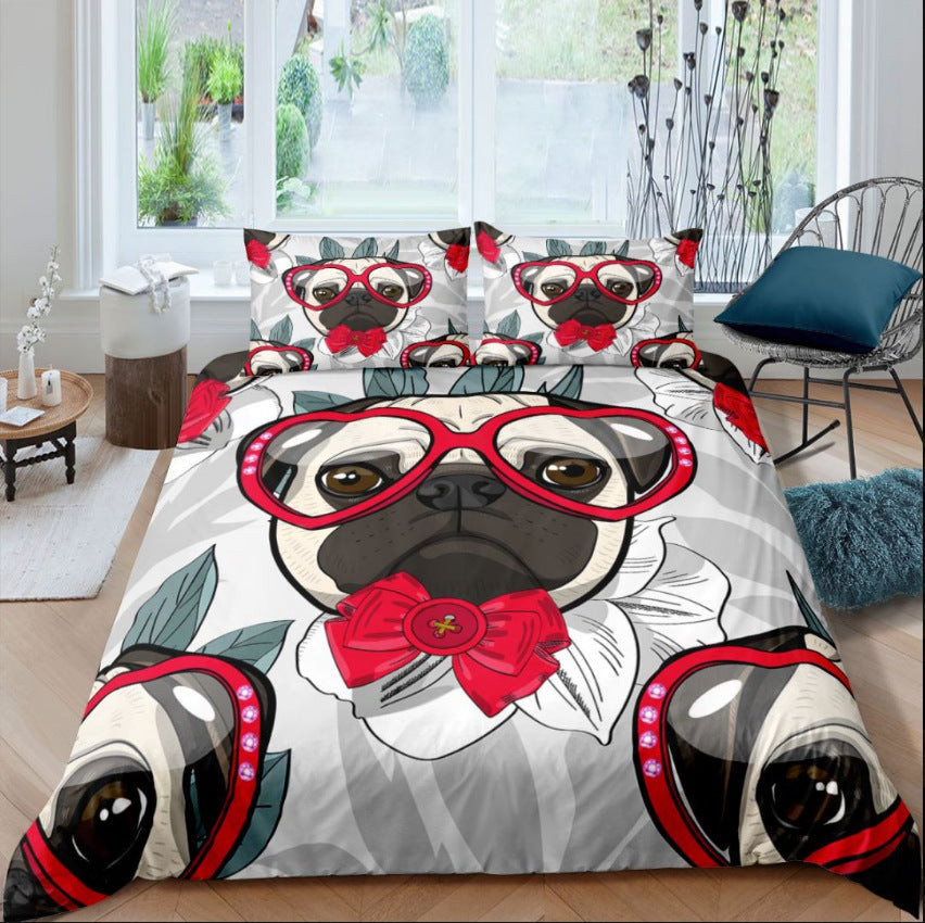 KTX-814355 3D Pug Digital Printed Bedding Set - Modern Cartoon Design, Polyester Fiber, 3-Piece Collection