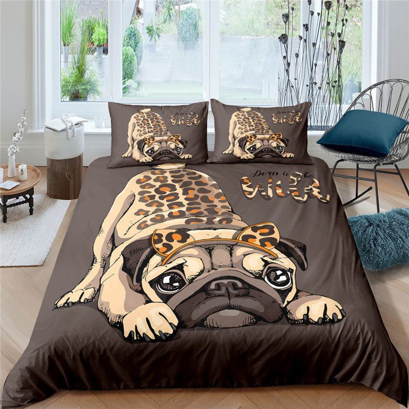KTX-814355 3D Pug Digital Printed Bedding Set - Modern Cartoon Design, Polyester Fiber, 3-Piece Collection