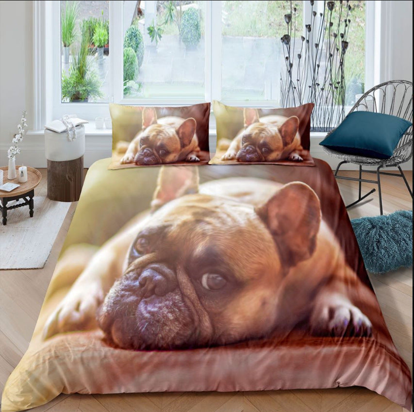KTX-814355 3D Pug Digital Printed Bedding Set - Modern Cartoon Design, Polyester Fiber, 3-Piece Collection