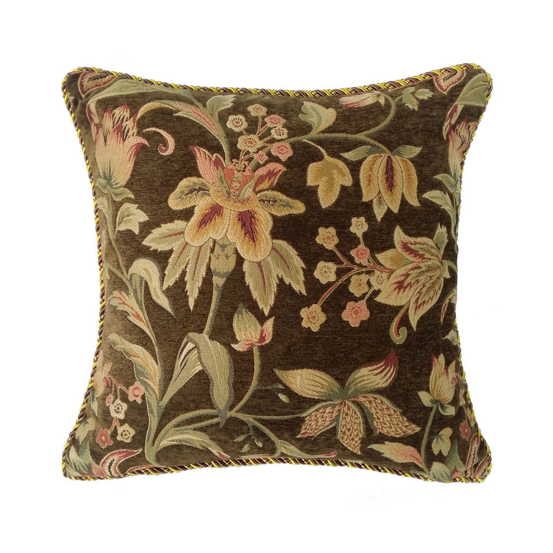 KTX-815379 Dark Brown Floral Design Cotton Pillowcase, 45x45cm Chenille Cushion Cover
