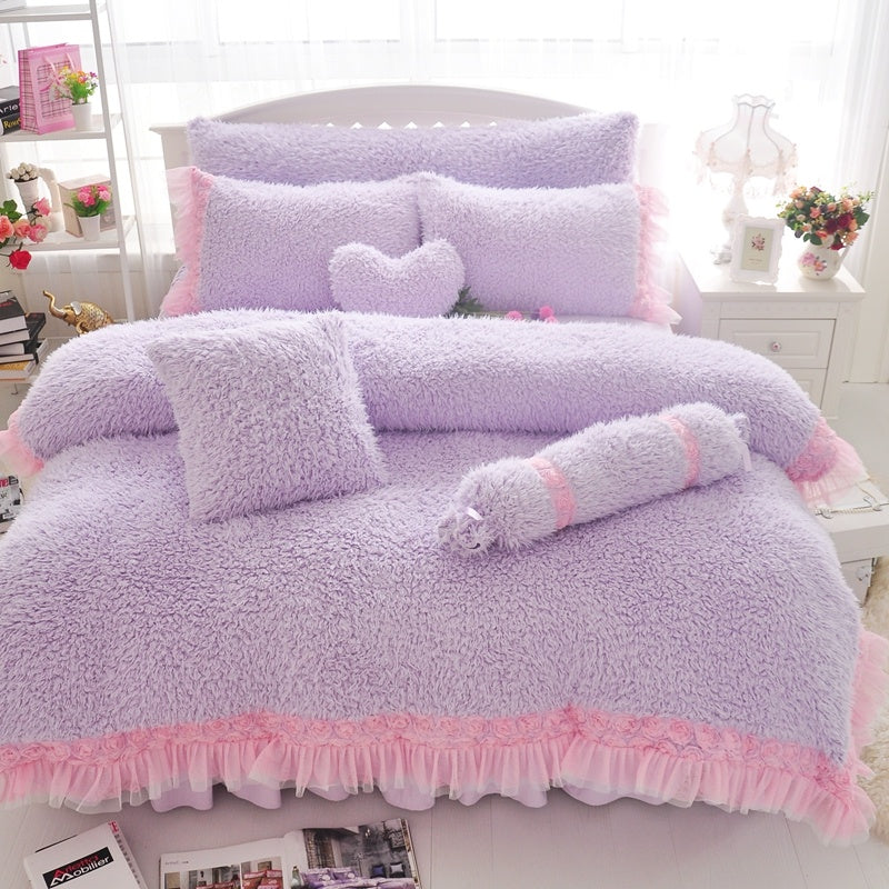 KTX-816531 Cashmere Four-Piece Thick Lace Coral Fleece Bed Suit for 1.2m and 1.8m Beds in White Rose and Winter Love Song Blue Powder