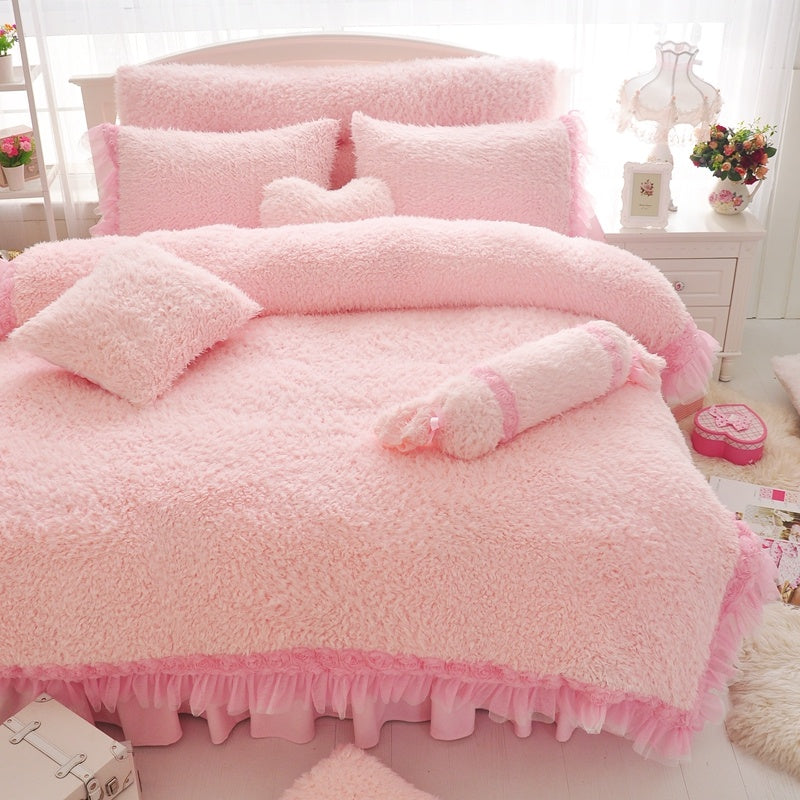 KTX-816531 Cashmere Four-Piece Thick Lace Coral Fleece Bed Suit for 1.2m and 1.8m Beds in White Rose and Winter Love Song Blue Powder