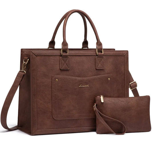 KTX-819539 Vintage Leather 15.6 Inch Laptop Tote Bag for Women - Stylish Office Work Handbag and Briefcase