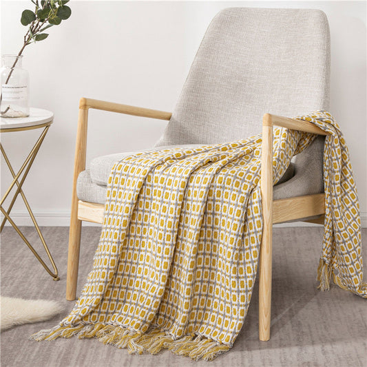 KTX-821459 Geometric Yellow Knitted Shawl with Tassels - Woven Acrylic Blanket (130x162CM)