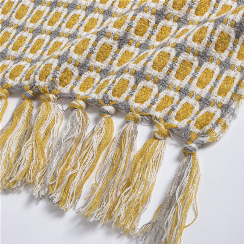 KTX-821459 Geometric Yellow Knitted Shawl with Tassels - Woven Acrylic Blanket (130x162CM)