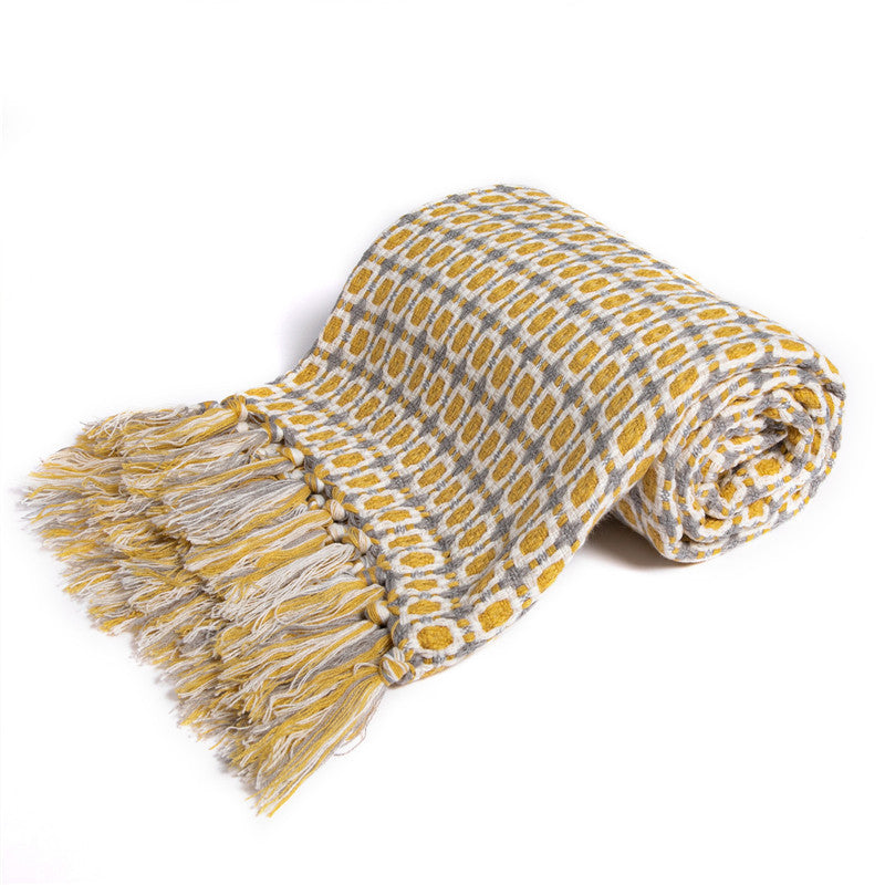 KTX-821459 Geometric Yellow Knitted Shawl with Tassels - Woven Acrylic Blanket (130x162CM)