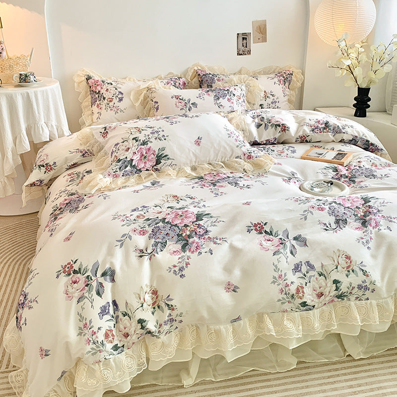 KTX-823443 Cotton Four-Piece Girl's Bedding Set with Heart and Lotus Leaf Lace Design