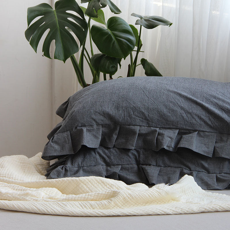 KTX-823763 Pure Cotton Ruffled Pillowcases - Elegant White, Pair of 48cm x 74cm Cases for Single Pillows