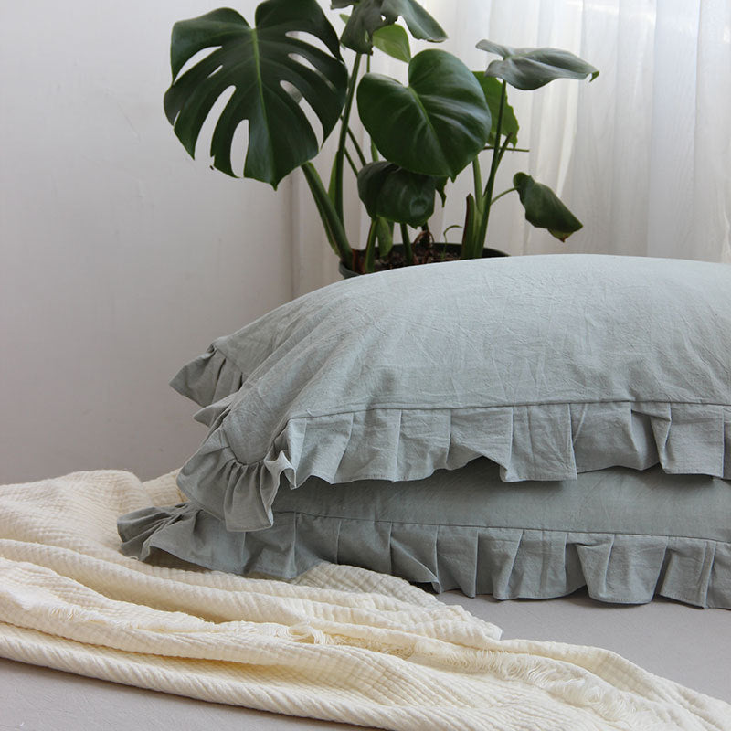 KTX-823763 Pure Cotton Ruffled Pillowcases - Elegant White, Pair of 48cm x 74cm Cases for Single Pillows