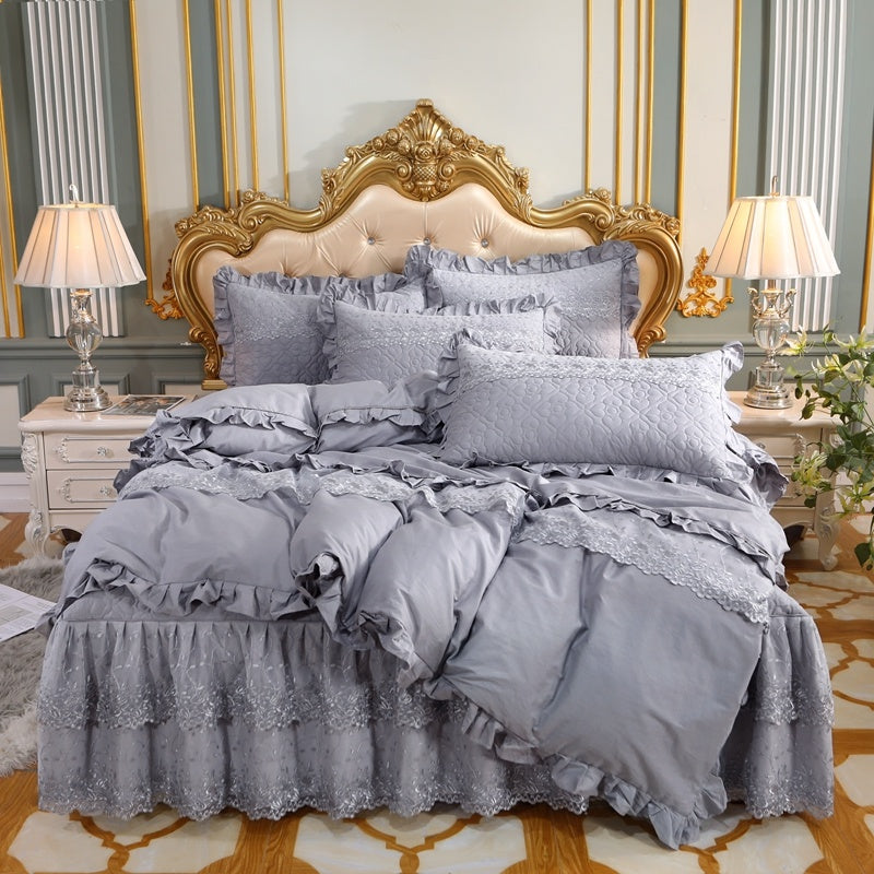 KTX-824595 Cotton Double-Layer Lace Bed Skirt Set - 4-Piece Bedding Ensemble in Multiple Colors