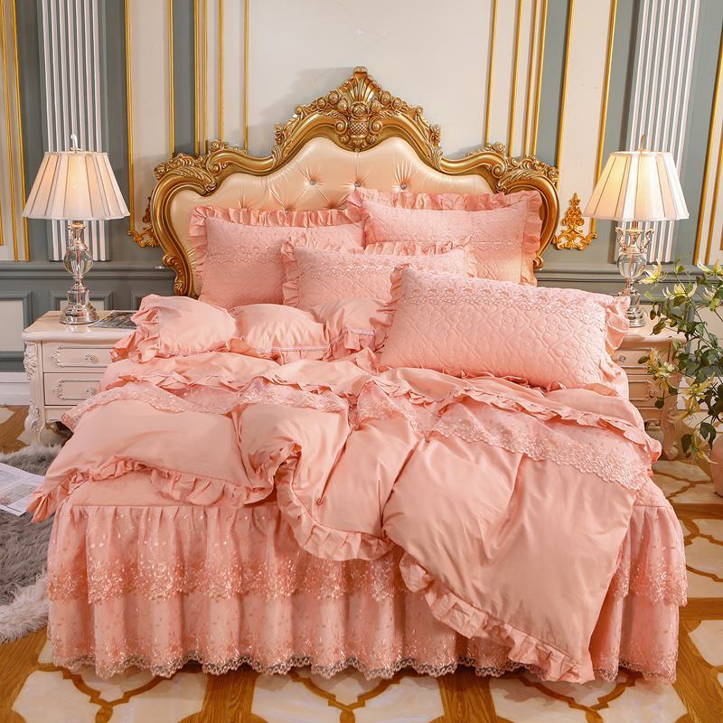 KTX-824595 Cotton Double-Layer Lace Bed Skirt Set - 4-Piece Bedding Ensemble in Multiple Colors