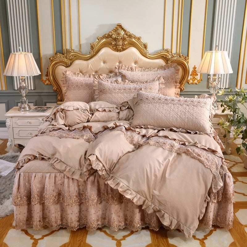 KTX-824595 Cotton Double-Layer Lace Bed Skirt Set - 4-Piece Bedding Ensemble in Multiple Colors