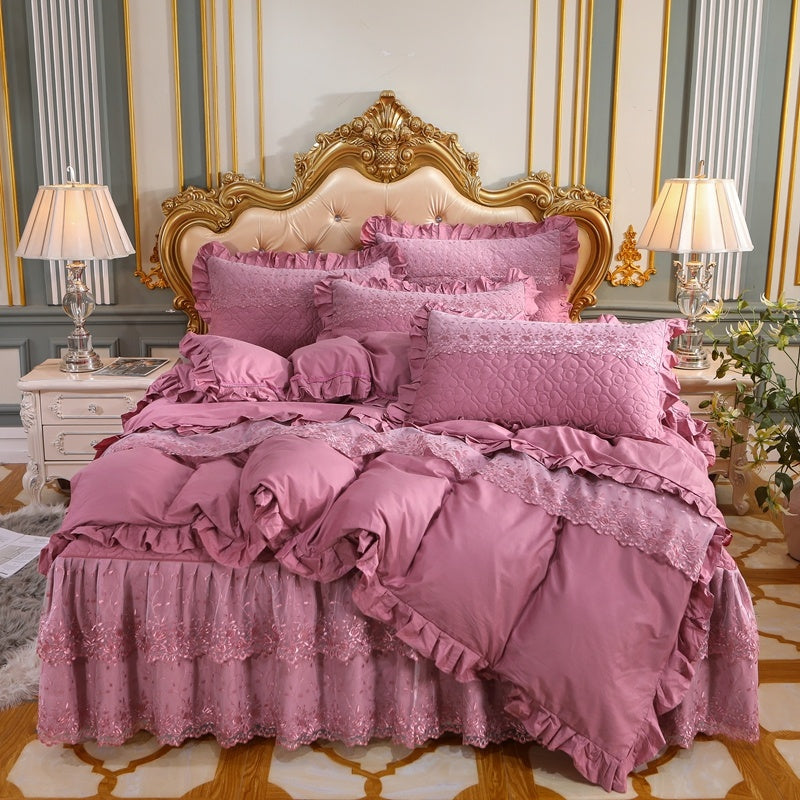 KTX-824595 Cotton Double-Layer Lace Bed Skirt Set - 4-Piece Bedding Ensemble in Multiple Colors