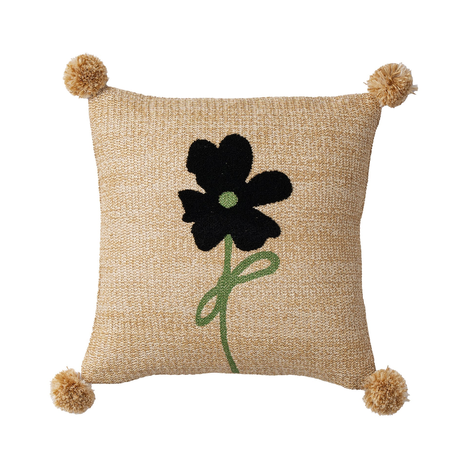 KTX-825555 American Country Style Flower and Plant Embroidered Pillowcase with Fur Balls - 45x45cm