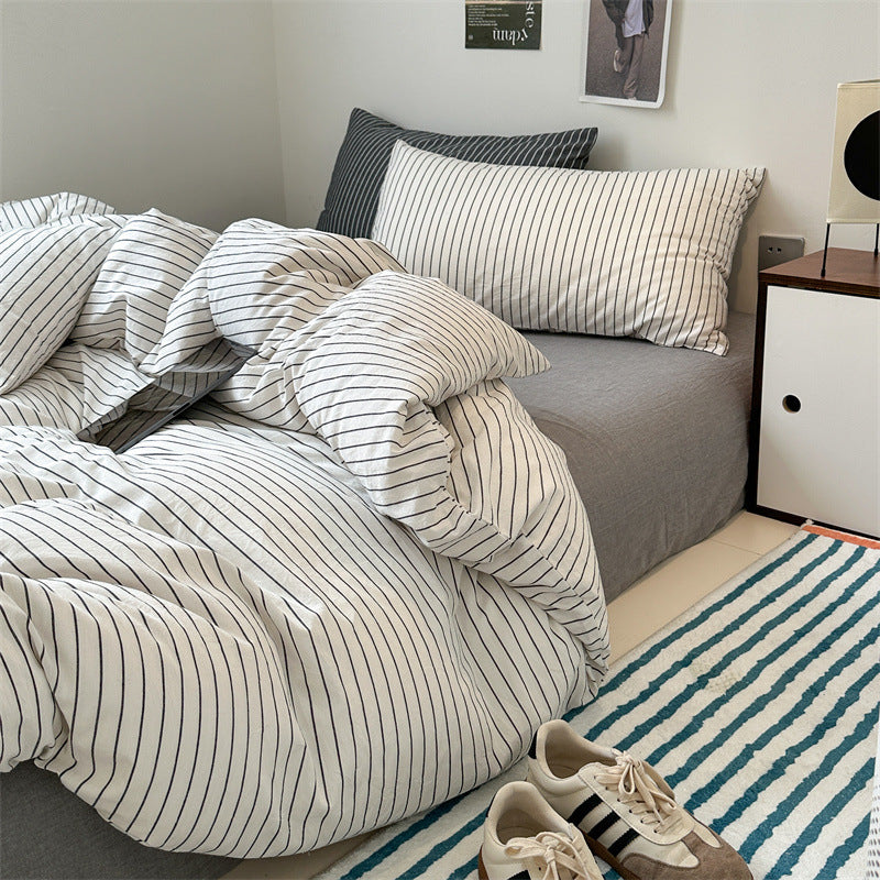 KTX-825555 Cotton Retro Pinstripe Four-Piece Bedding Set for Standard and Plus-Sized Duvets