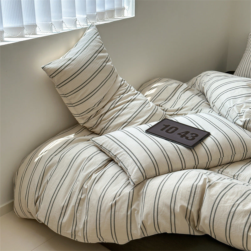 KTX-825555 Cotton Retro Pinstripe Four-Piece Bedding Set for Standard and Plus-Sized Duvets