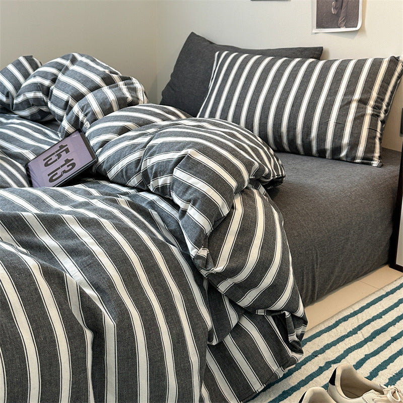 KTX-825555 Cotton Retro Pinstripe Four-Piece Bedding Set for Standard and Plus-Sized Duvets