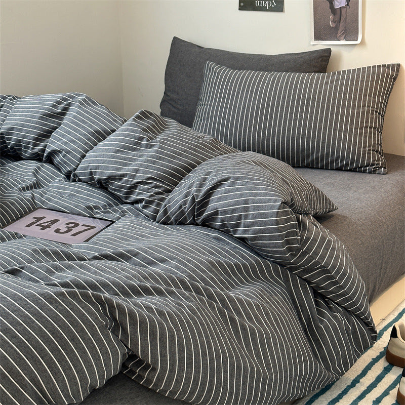 KTX-825555 Cotton Retro Pinstripe Four-Piece Bedding Set for Standard and Plus-Sized Duvets