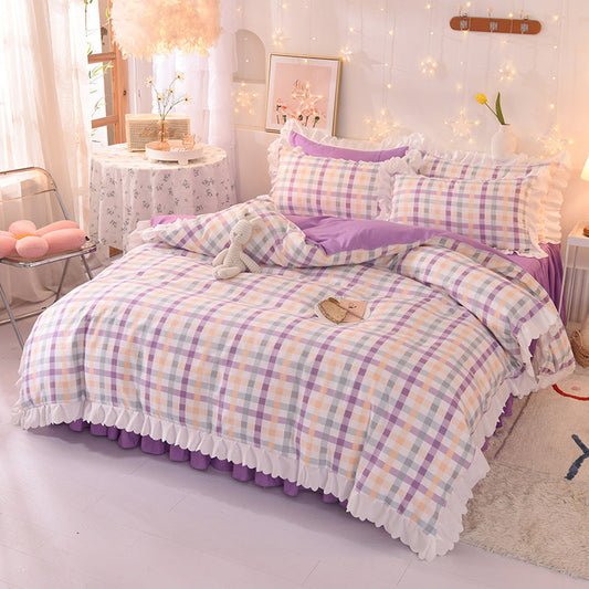 KTX-825747 Polka Dot Brushed Cotton Four-Piece Bed Sheet and Duvet Cover Set