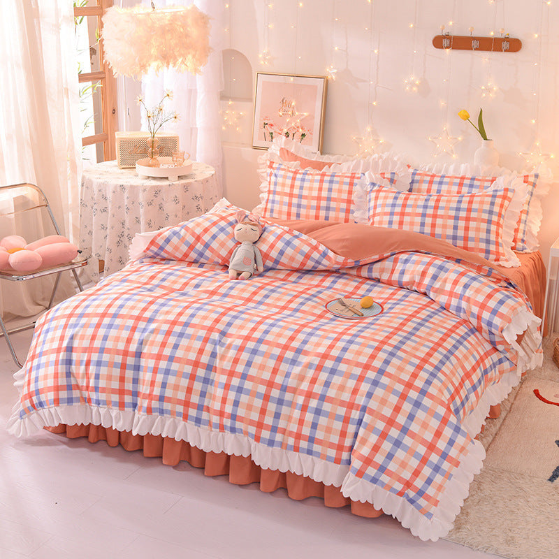 KTX-825747 Polka Dot Brushed Cotton Four-Piece Bed Sheet and Duvet Cover Set