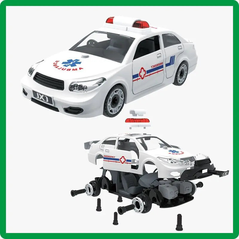 KTX-826003 DIY Assembly Vehicle Toy Set - Taxi, Police Car & Fire Truck with Electric Screwdriver for Kids Ages 3+