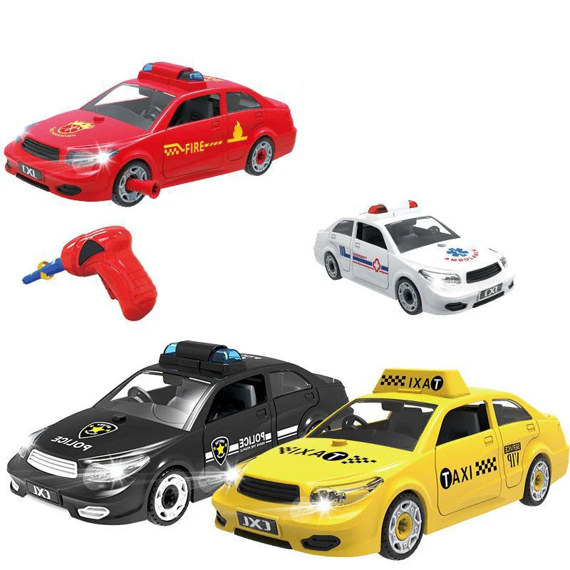 KTX-826003 DIY Assembly Vehicle Toy Set - Taxi, Police Car & Fire Truck with Electric Screwdriver for Kids Ages 3+