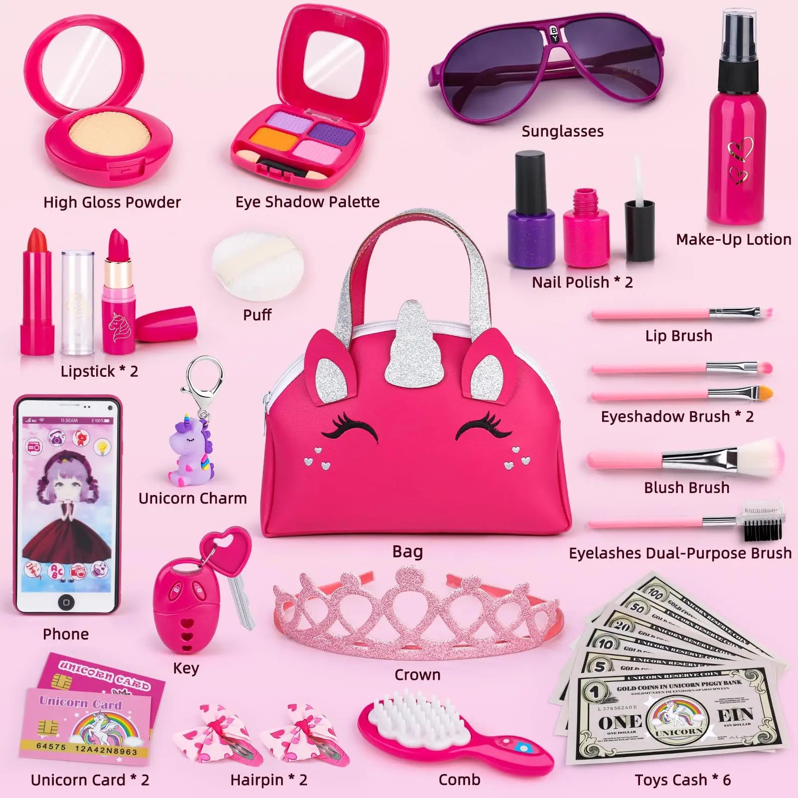 KTX-826579 Unicorn Makeup Toy Kit for Kids - Pretend Play Purse Set for Ages 2-7