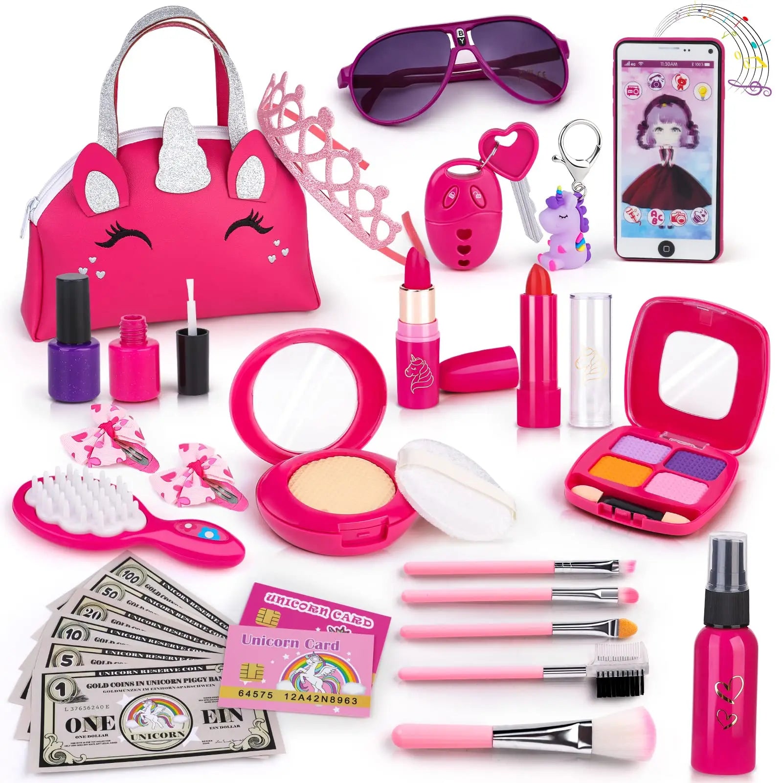 KTX-826579 Unicorn Makeup Toy Kit for Kids - Pretend Play Purse Set for Ages 2-7
