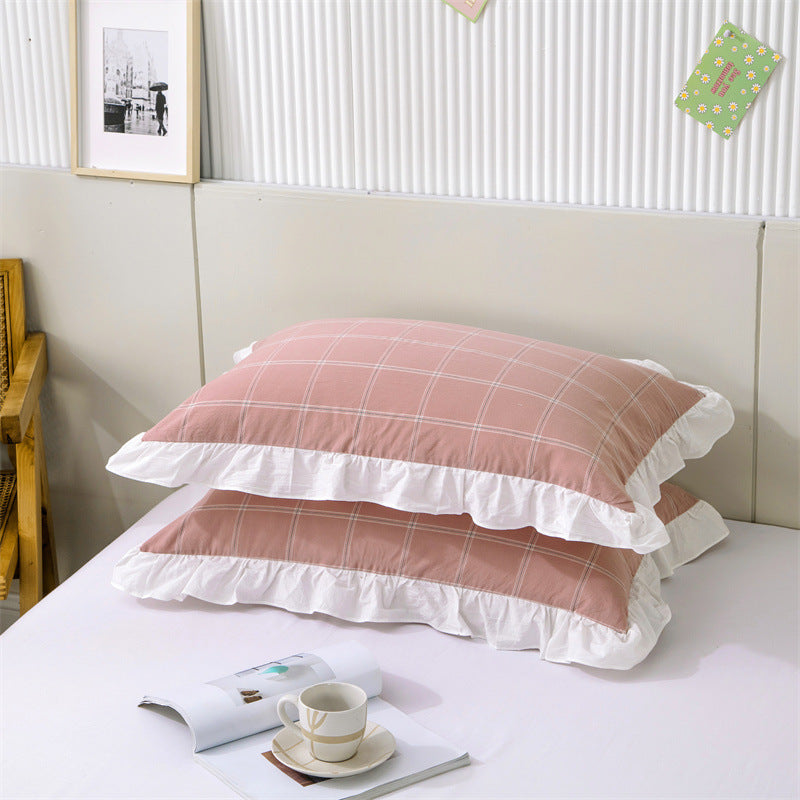KTX-826707 Washed Cotton Pillowcase with Two Flounces - Soft Pure Cotton, Available in Single or Double Pack