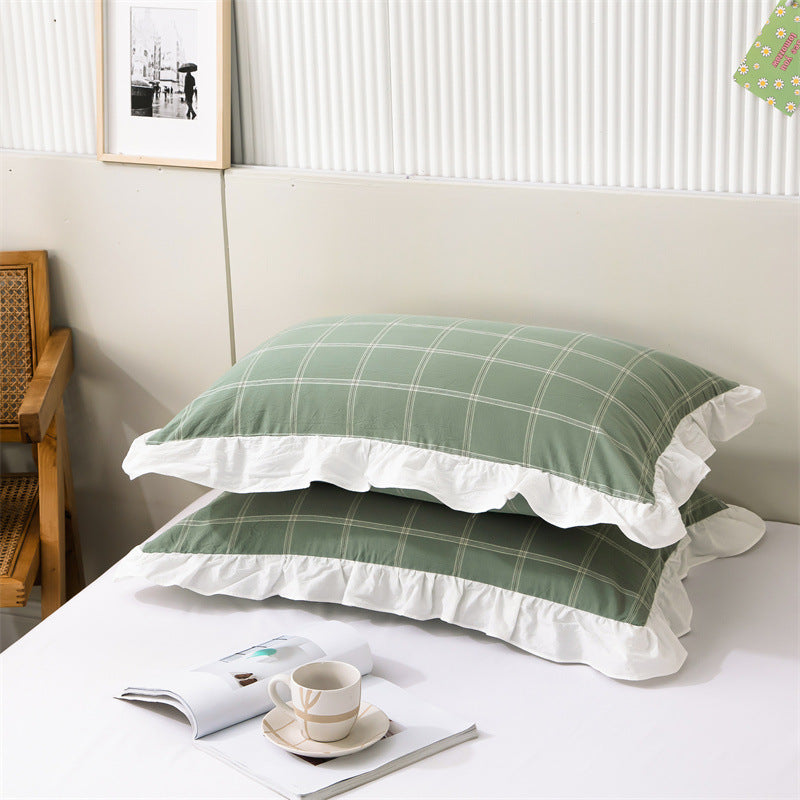 KTX-826707 Washed Cotton Pillowcase with Two Flounces - Soft Pure Cotton, Available in Single or Double Pack