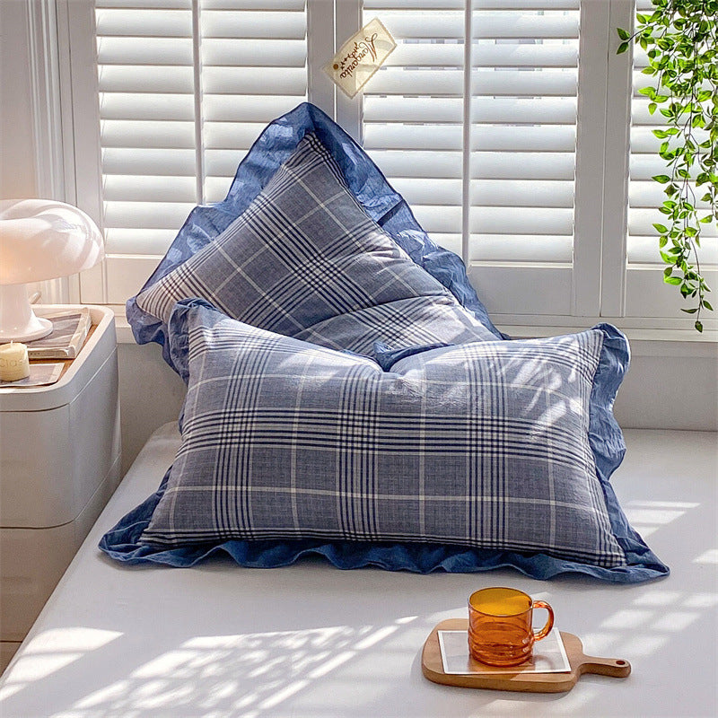 KTX-826707 Washed Cotton Pillowcase with Two Flounces - Soft Pure Cotton, Available in Single or Double Pack