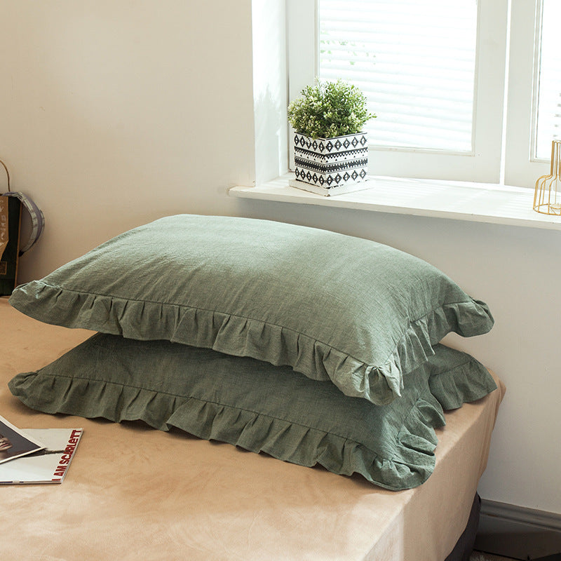 KTX-826707 Washed Cotton Pillowcase with Two Flounces - Soft Pure Cotton, Available in Single or Double Pack
