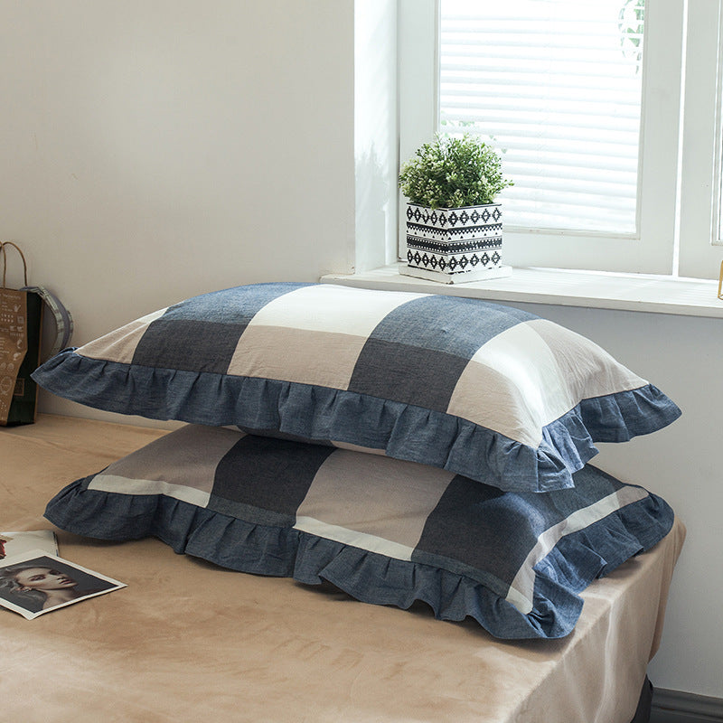 KTX-826707 Washed Cotton Pillowcase with Two Flounces - Soft Pure Cotton, Available in Single or Double Pack