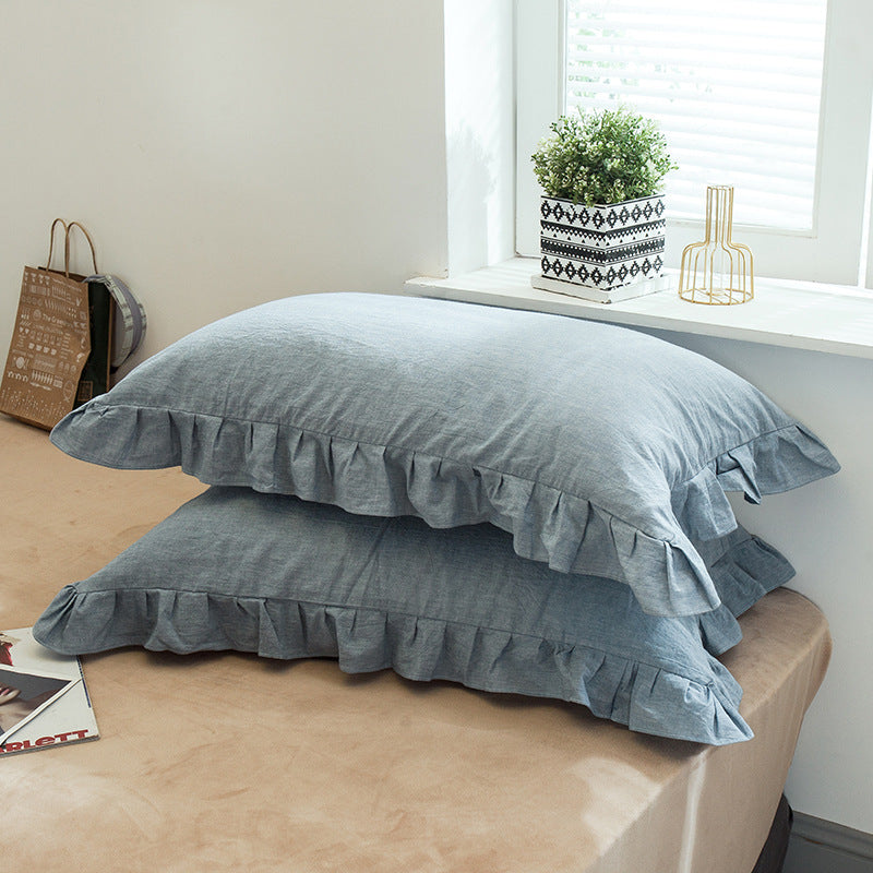 KTX-826707 Washed Cotton Pillowcase with Two Flounces - Soft Pure Cotton, Available in Single or Double Pack