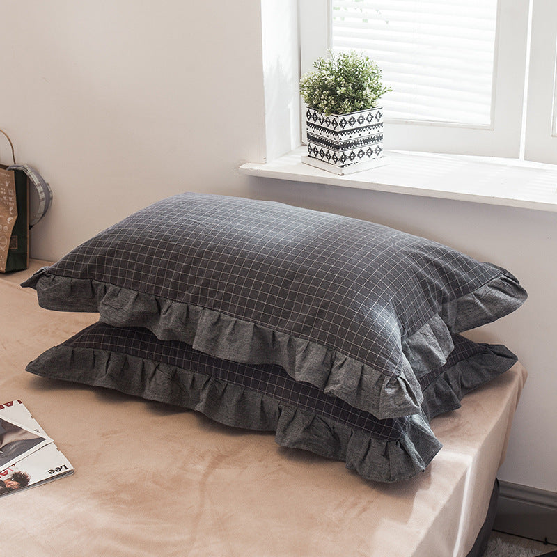 KTX-826707 Washed Cotton Pillowcase with Two Flounces - Soft Pure Cotton, Available in Single or Double Pack